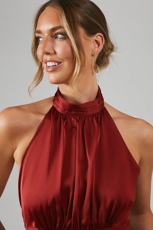 Satin Halter Bias Cut Maxi Bridesmaids Dress