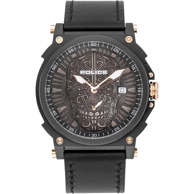 POLICE PL15728JSB.02 Uhr Mann Quarz• Material: Edelstahl• Glas: Mineral• Armband: Leder• Farbe: Grau• Wasserbeständigkeit: 50 m (5 ATM)• Gehäusegröße: 48 mm