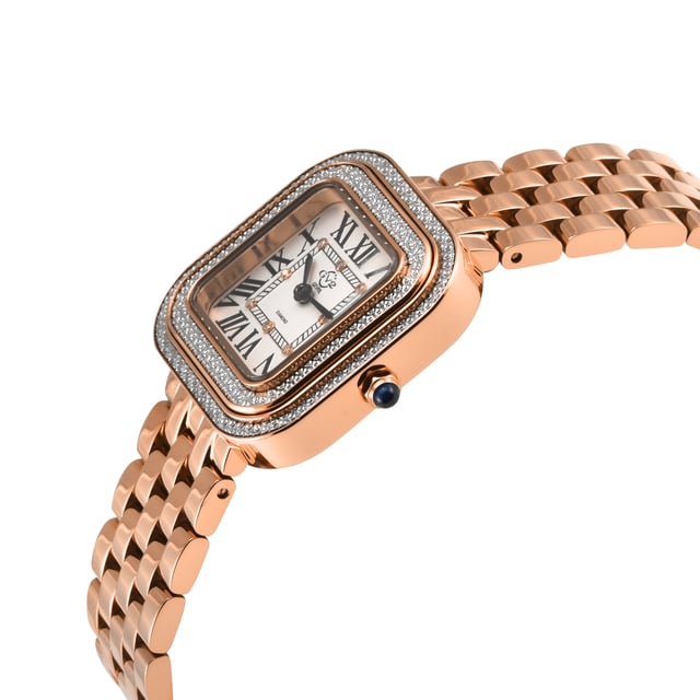 GV2 Bellagio Women's Swiss Made Diamond Silver-White Dial, IPRG Bracelet Watch
GV2 Bellagio Diamond
Attempting to capture the brilliance of GV2's Bellagio collection is a task fit for the daring, yet we willingly embrace the role of the fool to describe this sensational Women's timepiece. The Bellagio Swiss Movement Diamond Watch transcends the realms of luxury; it stands as an exquisite and extraordinary masterpiece that effortlessly commands attention. While the name Bellagio may evoke images of majestic fountains, this timepiece goes beyond expectations, drawing inspiration from the "Pearl of Lake Como"—a charming Italian town known for its glamour and romance. The 30mm square case, adorned with a double diamond-cut ring bezel, creates layers of diamond indulgence that captivate the senses. The silver and white dial, embellished with 8 diamonds in a square formation, adds a third dimension of opulence, a sight to be admired and revered. Exuding grandeur, the Roman numeral hour markers embellish this feast for the eyes, complemented by GV2's impeccable Swiss Quartz movement. Whether embraced by authentic Italian leather strap with a tang buckle or a metaled bracelet with a deployment buckle, both options generously set the stage for Bellagio's push-pull crown adorned with a blue cabochon stone. In the realm of luxury, good things are often found in small packages, and Bellagio epitomizes this concept with the look of layers upon layers of diamonds. Is it over the top? Perhaps, but in the most delightful way. The Bellagio has us all raising our glasses to 'la dolce vita.'