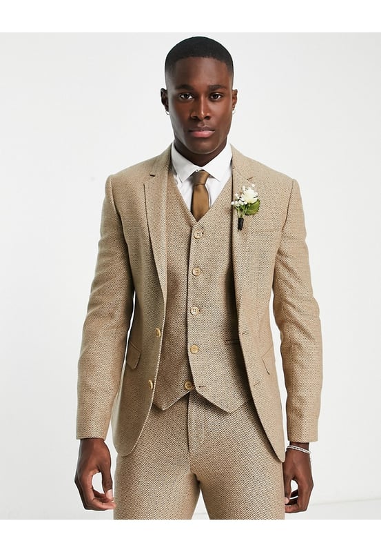 ASOS DESIGN super skinny wool mix suit jacket in stone herringbone