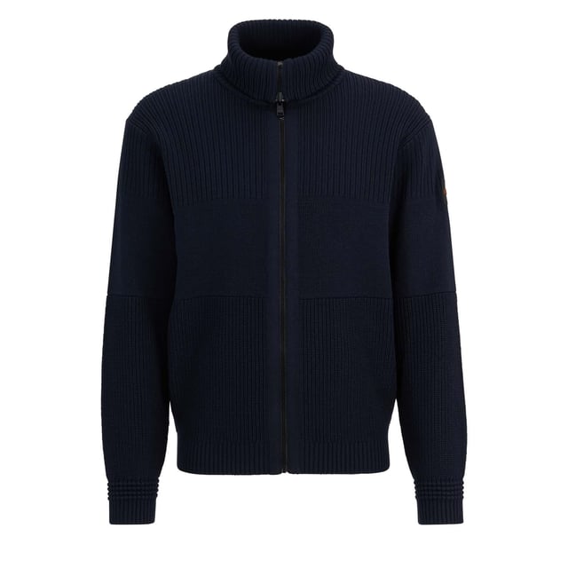 Mens BOSS Kamondo Jacket in dark blue.- All over structure block change - French shoulder to back with visible fully fashion marks and outside linking - Ottoman detail at cuffs- Orange knitted stripe inside collar- Knitted tape attached on top of zip - Silicon logo badge- Ref: 50482524-404