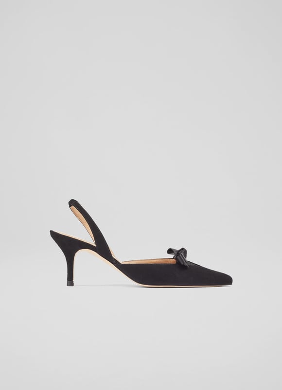 Slingbacks with a dressy, Parisian feel, our Beth heels are perfect for party season. Crafted in Spain from velvety-soft black suede, they have a pointed toe, a sweetheart panel of chic spot mesh and a ribbon bow, elasticated slingback straps and a 70mm stiletto heel. Wear them with the season's party dresses and sharp, sleek tailoring.