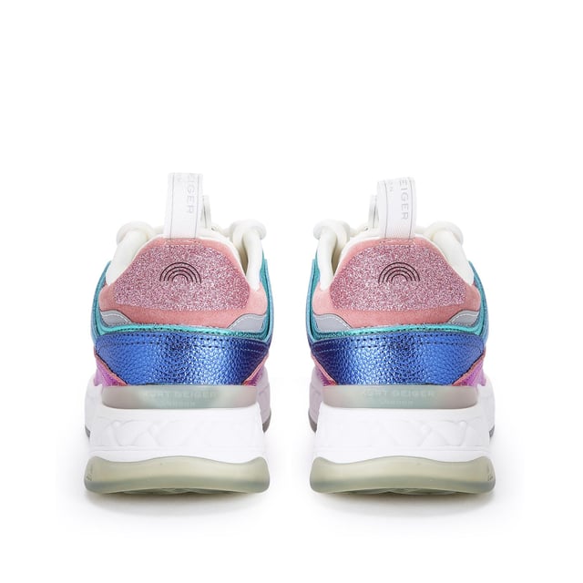 The Kensington Sneaker's upper features mesh, suede and textured leather panels. The tongue features a white branded monocle with antiqued silver head.