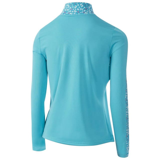 92% Polyester, 8% Elastan. Gewebetechnik: Atmungsaktiv, Leicht, Feuchtigkeitsabweisend, Schnell trocknend. Gewebe: 4-fache Dehnrichtung. Design: Kontrast Detail, Floral, Ärmeldruck. 1/4. Kontrastpaspel, Hinten länger geschnitten, Metallabzeichen, Reißverschluss Lasche. Geeignet für: Stickerei. Hoch geschnitten. Langärmlig. S: 102 cm. M: 107 cm.