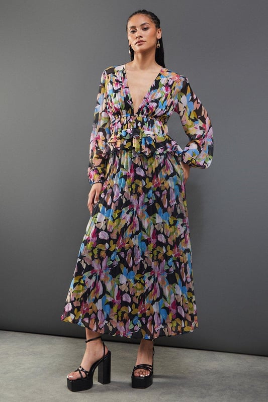 Floral Chiffon Frill Waist Pleated Midaxi Dress