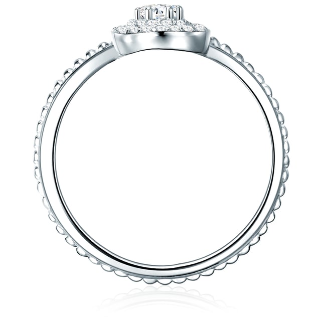 Do you love the classic entourage design of engagement rings? Then this ring of the 1934 manufacture is the perfect choice! Three circular-shaped ligaments made of zirconia crystals in brilliant cut are modeled on a solitaire and create a sparkling eye catcher. The ring rail is occupied with filigree metal balls-a minimalist-modern interpretation of the popular memoire look. The 925 sterling silver ring is protected with a high -quality rhodium layer from starting and retains its radiant silver gloss for so long. An attractive alternative to expensive diamond rings!