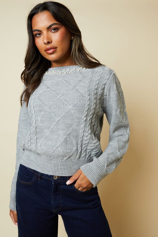Embellished Neck Fairisle Cable Crew Neck Jumper