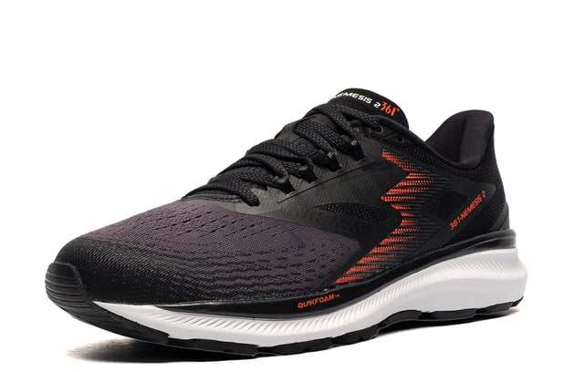 If youre looking for a high-end running shoe at a great price, then look no further than the 361 Nemesis 2. A durable, super comfy supportive running shoe designed for all types of runners who want extra support and superior cushioning underfoot. 
 Rightly named as it reaches to the peaks of endurance and beyond the 361 Nemesis 2 delivers on all fronts. 
 The Nemesis 2 uses a unique double layer textile / mesh to provide full toe-to-heel ventilation. The perfect fit MORPHIT lacing system has been adapted to include both medial and lateral support; accommodating different foot shapes, while still providing the necessary support in motion.
 The soft tongue reduces pressure over the top of the foot with its anatomical design while a soft padded heel and ankle collar allows the shoe easier on / off wear and a more sumptuous fit and feel
 The Nemesis 2 also gets a new double-layered cushioned platform make up. The top layer uses full-length QUIKFOAM and the bottom layer uses EVA to enhance the stability of the shoe  providing a more stable base for all your high performance needs. The extended medial post helps to slow the rate of roll at first contact with the ground which in turn makes for a smoother transition and contributes to better running efficiency.
 The Nemesis is a 5-star running shoe at a once in a lifetime price !
 
 - Textile / Double-layer mesh mix upper enhances breathability
 - Anatomical pressure free tongue design
 - Soft textile lining for comfortable fit and feel
 - Contoured heel design
 - Easy on/off wear
 - Perfect fit lace up closure
 - OrthoLite comfort cushioned insole
 - Quickfoam and EVA rubber blend midsole 
 - Durable outsole 
 - 361 branding