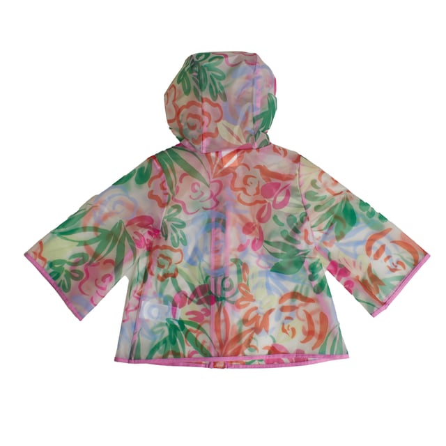 Girls' raincoat with a colorful and fun design, ideal for rainy days.

 Made from a transparent, water-resistant material, it features a vibrant floral print that adds a cheerful touch to the outfit.

 The garment includes a hood for added protection and a front zipper closure for easy use.

 The roomy sleeves and lightweight design allow for freedom of movement, making it a perfect choice for keeping little ones dry and comfortable during outings in rainy weather.
 Composition: 100% Polyurethane
 Care:
- Clean with a damp cloth.
 - Avoid using a washing machine.
 - Air dry.
 - Do not iron or use bleach.
