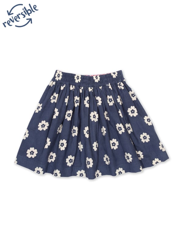 100% organic cotton | Proud to be certified by Control Union to the Global Organic Textile Standard (GOTS) | Fab flower all-over print on one side (corduroy) | Garden birds all-over print on reverse (twill) | Fully reversible | Full skirt designed for twirling | Elasticated waistband | Made in India | Machine washable at 40 degrees, or at 30 degrees to be kinder to the planet