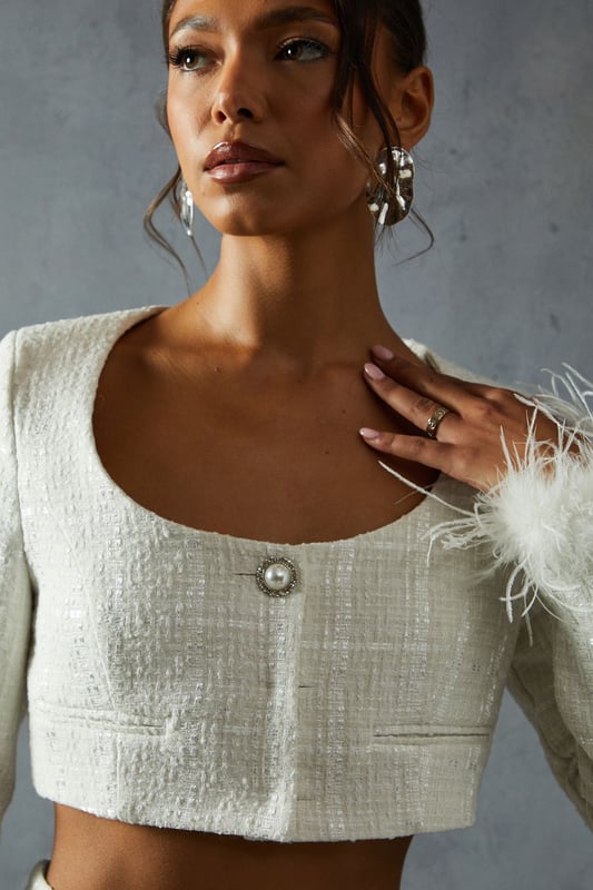 Boucle Feather Trim Cropped Jacket