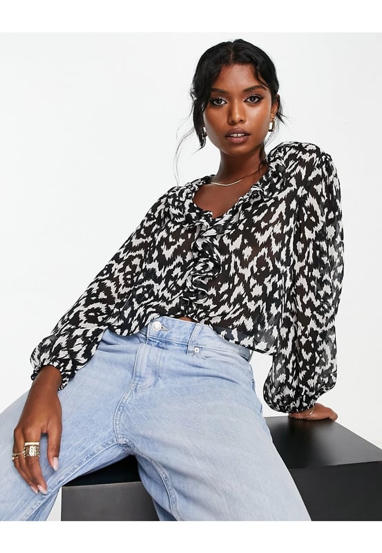 Black & Multi Silk Ruffle Sheer Top main image 1