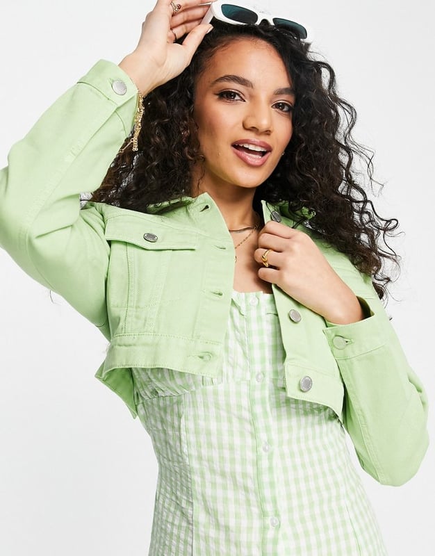 Miss Selfridge super cropped denim jacket in green