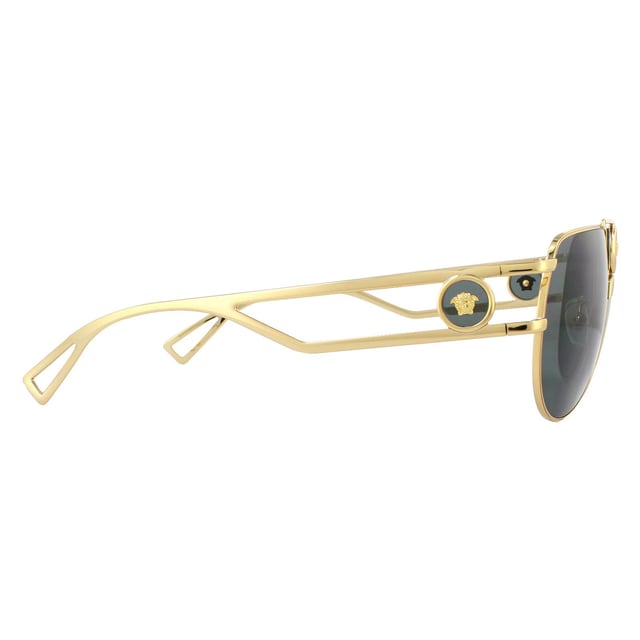 Las gafas de sol Versace VE2225 100287 Oro Gris tienen un diseño distintivo de aviador con una estructura de alambre abierta y emblemas icónicos de Medusa para mayor autenticidad.