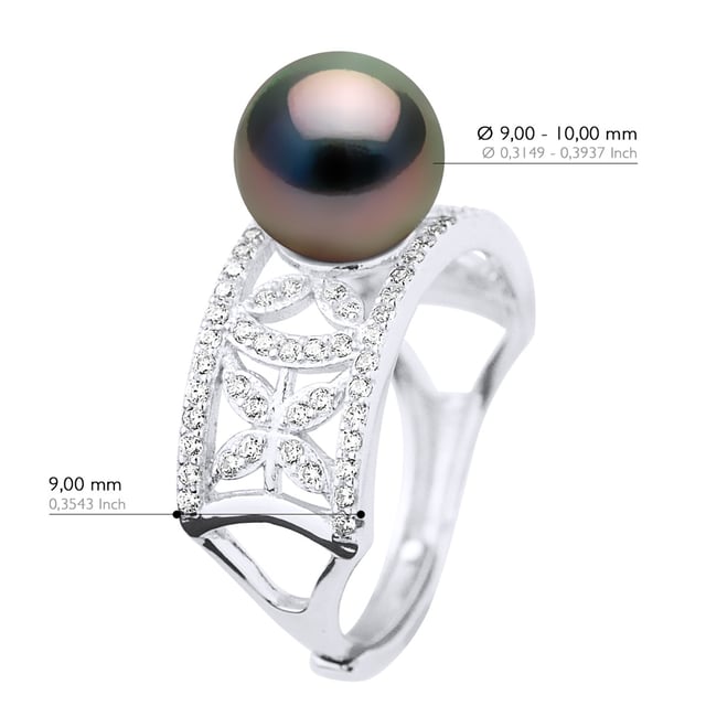 Ringsmycke - Äkta odlad TAHITI-pärla rund 9-10 mm - Smycke Paving Cubic Zirconia Silver 925 Rhodiumpläterad - Storlek justerbar från storlek 48 till storlek 62 - Levereras i låda och med sitt äkthetscertifikat och internationella garanti - MADE IN FRANCE