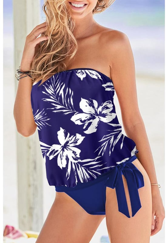Conjunto de Tankini Sin Tirantes con Patrones Florales Estilosos y de Tendencia  
  Diseño sin tirantes que añade un toque moderno  
  Hermoso patrón floral para un look femenino y juguetón  
  Fabricado con materiales de calidad para mayor comodidad y durabilidad  
  Perfecto para relajarse junto a la piscina o disfrutar de un día en la playa  
  Adición a tu colección de trajes de baño que es a la vez fashionable y versátil  