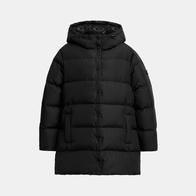 Mid Puffer, Model is 5'10" (178cm), chest 31" (79cm), waist 24" (61cm), hips 35" (89cm) and wears a size S, Zip pockets,  Length: 84.00 cm