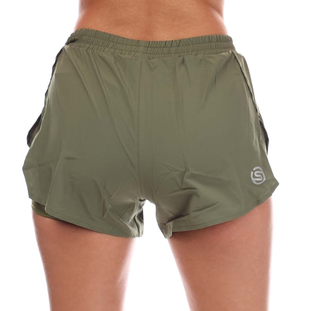 Womens Skins Series-3 Superpose Shorts in khaki.- Elasticated waistband.- Hidden mesh panel pocket.- 2-in-1 tights with over-short.- Medium compression profile for everyday comfort and support.- Silver reflective logos.- 100% Polyester.- Ref: ST40300120573