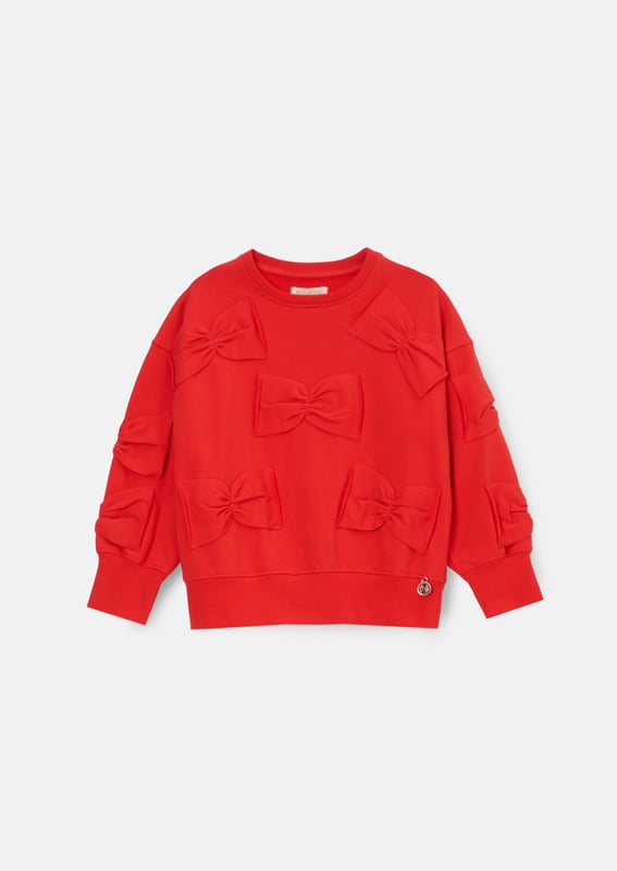 Un-bow-lievable! You are going to love our new supersoft sweat in rich crimson   with self jersey bows. Looks inc ible pai  with our tartan mesh skirt. Take a bow….