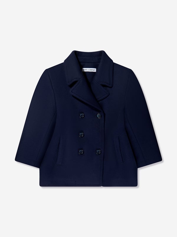 Dolce &amp; Gabbana's sleek opulent aesthetic is embodied in this boys pea coat in navy. Crafted in a double-breasted wool design with notched lapels and welt pockets on the front. This brand's unparalleled Italian craftsmanship is unafraid to explore new avenues of fashion.  Made In Italy Blue Oversize Fit Long Sleeves Central Rear Vent Lined Lightly Padded Button Fastenings At the Front 75% Virgin Wool 25% Polyamide 100% ViscoseD&amp;G : Child's Height2Y: 35-37" / 89-95cm3Y: 37-39" / 95-101cm4Y: 39-42" / 101-107cm5Y: 42-44" / 107-113cm6Y: 44-46" / 113-119cm8Y: 46-51" / 119-132cm10Y: 51-56" / 132-143cm12Y: 56-61" / 144-156cm