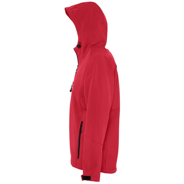 Breathable, windproof and water resistant. Taped neckline. Hood with adjustable drawcord. Collar high full zip with inner storm flap and chin guard. Two front zip pockets and one right chest zip pocket. Tear release adjustable cuffs. Adjustable drawcord at hem. Drop tail. Access for decoration. Material: Stretch soft shell fabric has a 94% polyester/6% elastane outer, membrane and polyester fleece backing. Chest (to fit): XS(35/36), S(36/38), M(38/40), L(41/42), XL(43/44), XXL(45/47), 3XL(47/49).