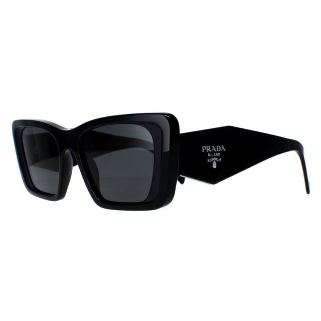 Prada Rectangle Womens Black Dark Grey PR08YS  Sunglasses are a sharp design made of high-quality acetate material that ensures durability and comfort. The temples are adorned with the iconic Prada logo, adding a touch of sophistication. These sunglasses are perfect for any occasion, whether it's a day out in the sun or a night out on the town.