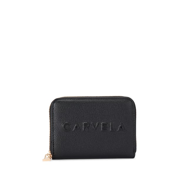 This Carvela Frame Mini Purse is crafted in a black textured leather alternative with embossed branding on the front. There is a gold zipper to close the purse. Dimensions: 9cm (H), 12cm (L), 2cm (D).