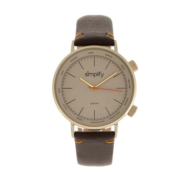 Polished Metal Case; Quality Japanese Quartz Movement; Non-Glare Scratch-Resistant Mineral Crystal; Rotating World Time Zones on Dial; Logo-Engraved Stainless Steel Caseback; Hinged Genuine Leather Strap; Logo-Engraved Stainless Steel Clasp; 43mm Diameter; 3 ATM Water Resistance;