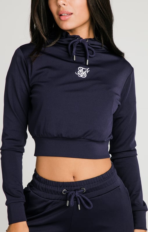 inchNavy Essential Track TopSoft touch fabricCropped lengthDrawstring hoodEmbroidered SikSilk logoLong sleevesStraight hemMachine wash95% Polyester 5% Elastane inch