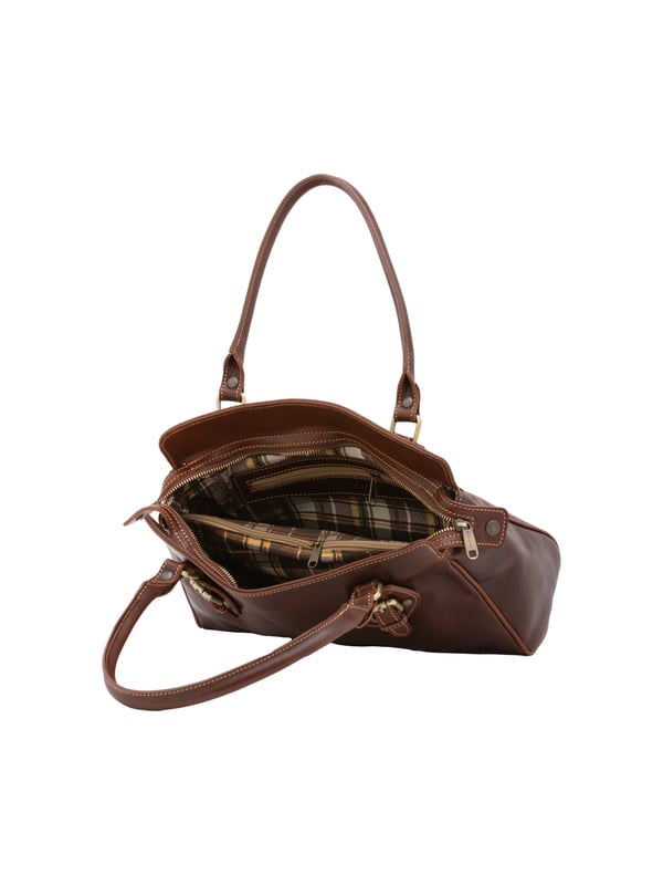Damenhandtasche mit Reißverschluss. zwei Innentaschen mit Reißverschluss. fehlende Außentaschen. fehlender Schultergurt. im Ledergriff. zwei Innenfächer.  Außenmaterial. Innen mit Baumwolle gefüttert. Maße: 24x36x12 cm. Hergestellt in Italien