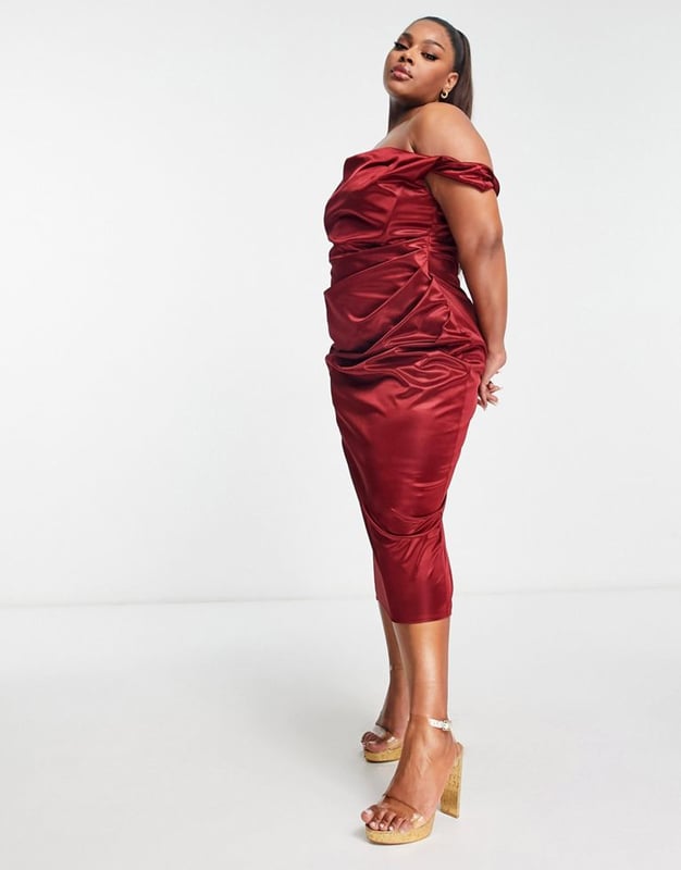 ASOS DESIGN Curve off shoulder bardot tuck structured satin midi