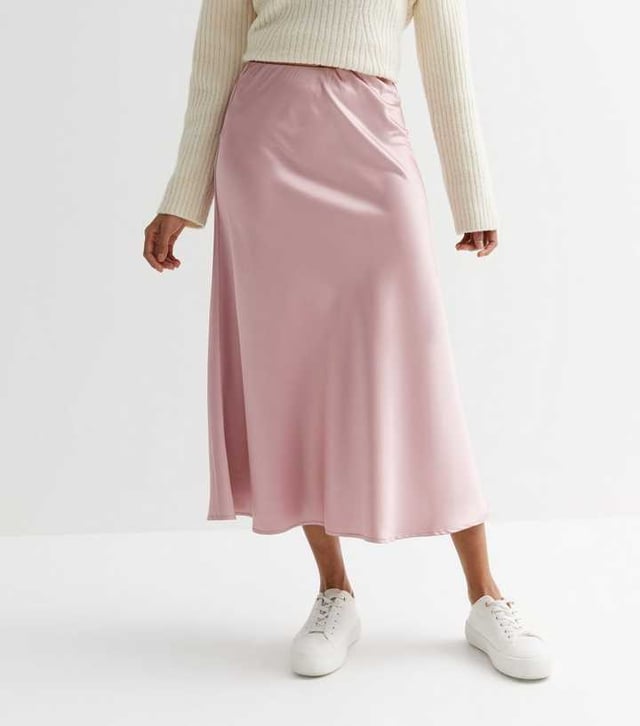 Pink midi skirt online satin