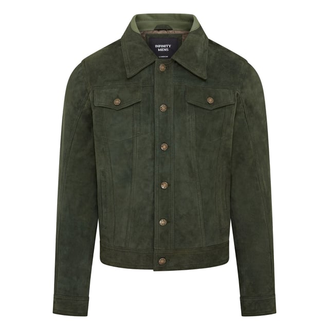Introducing the Men's Trucker Casual Goat Suede Leather Shirt Jeans Jacket. This stylish, denim-inspired shirt is reimagined in the softest goat suede leather, offering a luxurious feel with a nod to 70's Americana. The slim-fit design makes a bold style statement, while the press button fastening, adjustable waistband, and cuffs add comfort and versatility. Perfect for pairing with your favorite jeans and boots, this retro jacket combines classic and contemporary effortlessly.

Slim fit for a modern silhouette
Press button fastening for easy wear
Adjustable waistband and cuffs for customized comfort
Soft goat suede leather for a luxurious feel
Inspired by 70's Americana for a timeless style