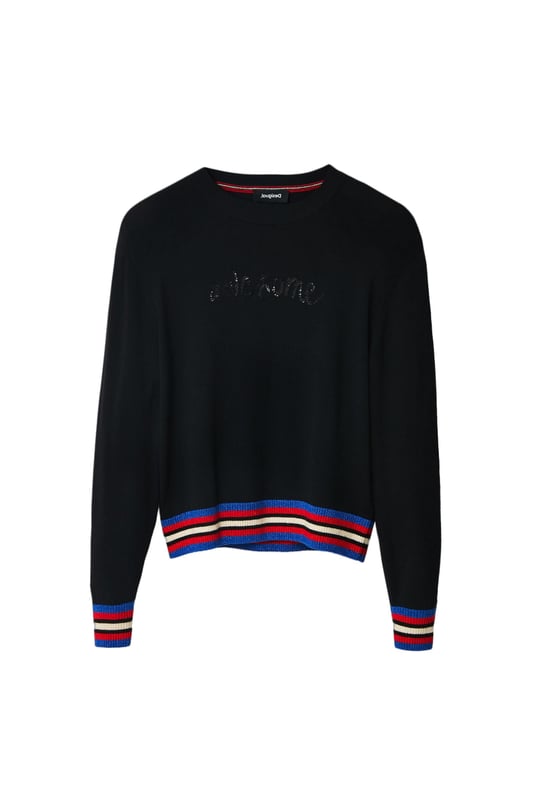 Marca: Desigual  
Género: Mujeres  
Tipo: Tejidos de punto  
Temporada: Otoño/Invierno  

DETALLES DEL PRODUCTO  
• Color: negro  
• Patrón: estampado  
• Cierre: slip on  
• Mangas: largas  
• Escote: cuello redondo  

COMPOSICIÓN Y MATERIAL  
• Composición:  
- 2% acrílico  
- 1% otras fibras  
- 1% elastano  
- 1% lana  
- 4% poliamida  
- 42% Pvc  
- 49% viscosa  

• Lavado: lavar a máquina a 30°