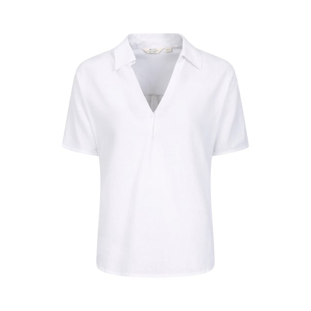 Outer Materials: 55% Linen, 45% Cotton. Design: Plain. Neckline: Deep V, Turn Down Collar. Hem: Dropped. Fastening: Pull Over. Sleeve-Type: Short-Sleeved. Fabric Technology: Breathable, Lightweight. Central Back Pleat. Fit: Relaxed Fit.