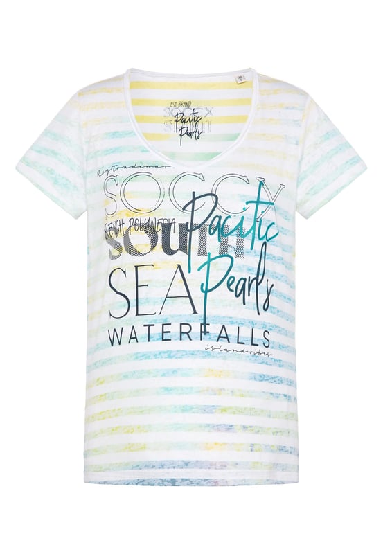 Het burnout T-shirt in een coole used look is een SOCCX-klassieker. Met een V-hals, kleurrijke strepen en een Pacific Pearls print op de voorkant van vloeiend materiaal. Een T-shirt dat je dat vakantiegevoel geeft.