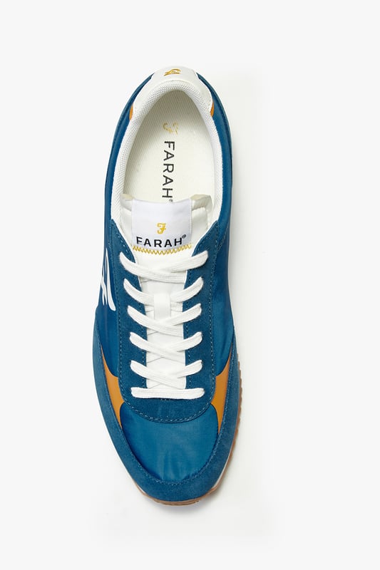 Farah Blue 'Santo' Casual Lace Up Trainers Level up your look with these runner style trainers from Farah. These shoes feature faux suede panels, a cleated contrast rubber sole, Farah logo tongue detail and a statement Farah logo on the side of the shoe. In a sleek, sporty silhouette, these trainers are the perfect addition to your new season wardrobe. Available in other colours.