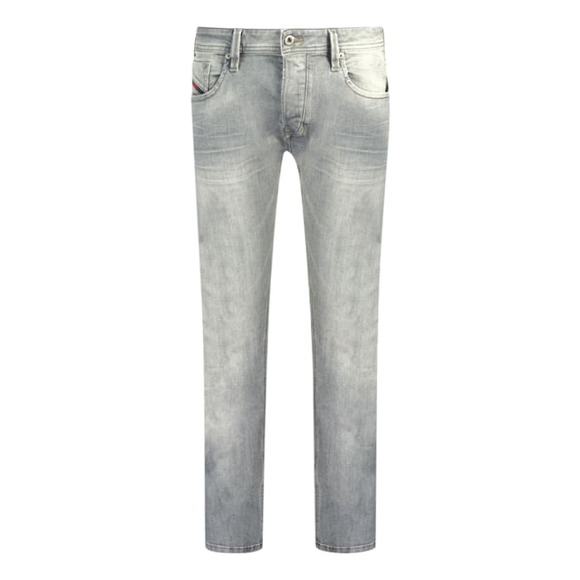 Diesel Larkee RB008 Grå jeans. Diesel grå denimbyxor. Knäppt gylf. 84% bomull 14% polyester 2% elastan. Rakt ben. Diesel-märkt badge