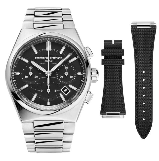 This Frédérique Constant Highlife Chronograph Automatic Chronograph Watch for Men is the perfect timepiece to wear or to gift. It's Silver 41 mm Round case combined with the comfortable Silver Stainless steel watch band will ensure you enjoy this stunning timepiece without any compromise. Operated by a high quality Automatic movement and water resistant to 5 bars, your watch will keep ticking. This watch has an automatic watch movement ( recharged by any movement with your wrist; never needs a battery). This Chronograph watch has a calendar function: Date, Swiss Made , Stop Watch, Luminous Hands and Luminous Numbers. Comes with an extra Black Rubber Strap High quality 21 cm length and 24 mm width Silver Stainless steel strap with a Deployment clasp Case diameter: 41 mm,case thickness: 11 mm, case colour: Silver and dial colour: Black