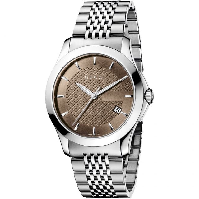 Gucci G-Timeless YA126406 is an amazing and attractive Gents watch . Material of the case is Stainless Steel and the Brown dial gives the watch that unique look. The features of the watch include (among others) a date function. 50 metres water resistancy will protect the watch and allows it to be submerged in water for periods, so can be used for swimming and fishing. It is not reccomended for high impact water sports. 38mm case diameter