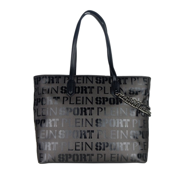 Black Polyester Shoulder Bag
  Plein Sport shopping bag
  Brand logo design all over
  Includes crossbelt
  Size: 50x32x16 cms
  Suitable for women
Material: 100% Polyester