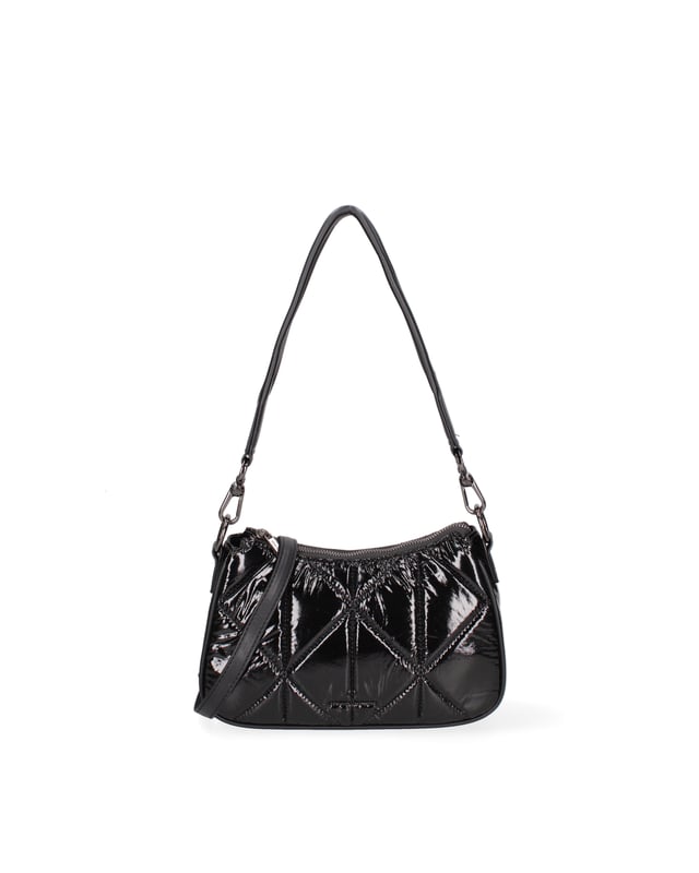 Bolso bandolera unisex. El cierre es con cremallera. Los bolsillos internos son uno con cremallera y otro abierto. Los bolsillos externos están ausentes. La correa para el hombro es ajustable y extraíble. El mango es extraíble en resina. Hay un compartimento interno. El material exterior es nailon y ecopiel. Internamente está forrado en poliéster. Medidas: 25x15x7 cm. Producto de moda