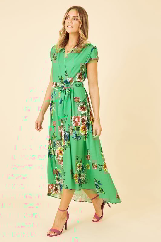 Green Bright Floral Dip Hem Wrap Midi Dress