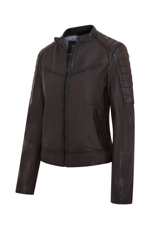 This stylish leather jacket offers a modern take on classic biker style. Crafted from soft lamb leather, it combines comfort and durability with a sleek and edgy aesthetic.

Key Features:

Soft Lamb Leather: Ensures comfort and a luxurious feel.
Modern Biker Style: Features a stand-up collar, zipper closure, and angled pockets.
Functional Pockets: Includes two zippered chest pockets and one interior pocket for secure storage.
Adjustable Waist: The buckle at the hem allows for a customized fit.
Edgy Details: The quilted shoulder panels add a touch of visual interest and enhance the jacket's biker-inspired look, while also providing additional protection.
Quilted Shoulder and Sleeves: The quilted design offer added protection and a stylish touch.
This jacket is perfect for those who want a versatile and stylish piece that can elevate any outfit.