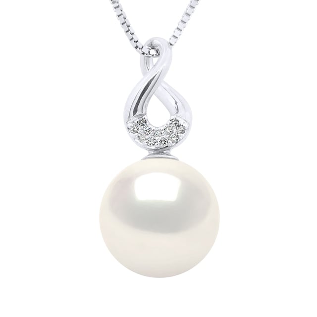 Pendant EIGHT White Gold - Diamonds 0,03 Cts ( 3 x 0,01 Cts ) - Real Cultured Freshwater Pearl Round 9-10 mm - COLOR NATURAL WHITE - Delivered with Certificate of Authenticity and International Guarantee - MADE IN FRANCE * This Pendant in V shape will be delivered to you in box with a Silver 925 chain offered for free