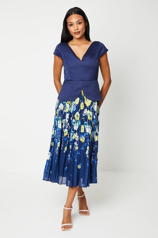 Printed Pleated Skirt Overlay Bodice Midi Dress