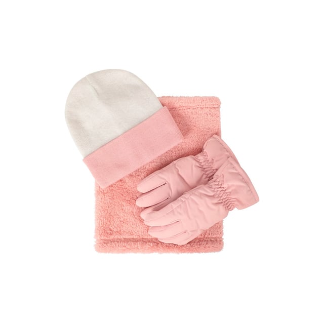 100% Polyester. Fabric: Fleece, Knitted, Soft Touch. Cuff: Adjustable Wrist Strap. Contents: 1 Beanie, 1 Neck Gaiter, Gloves. Reversible. Water Resistant.