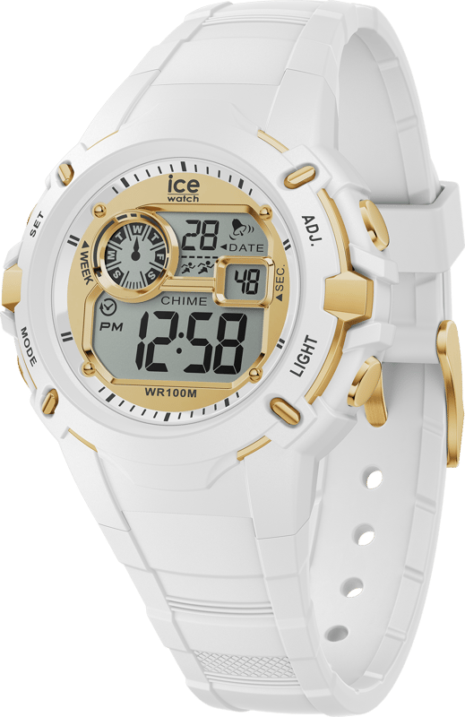 This Ice Watch Ice Digit Explorer - Magical White Gold Digital Watch for Child is the perfect timepiece to wear or to gift. It's White 40 mm Round case combined with the comfortable White Silicone watch band will ensure you enjoy this stunning timepiece without any compromise. Operated by a high quality Quartz movement and water resistant to 10 bars, your watch will keep ticking. Discover the ICE digit retro explorer Magical white gold. This Digital watch has a Calendar function: Day-Date as well as Stop Watch , Countdown , Dual Time , Alarm and Light High quality 19 cm length and 19 mm width a White Silicone strap with a Buckle Case diameter: 40 mm,case thickness: 16 mm, case colour: White and dial colour: Gold