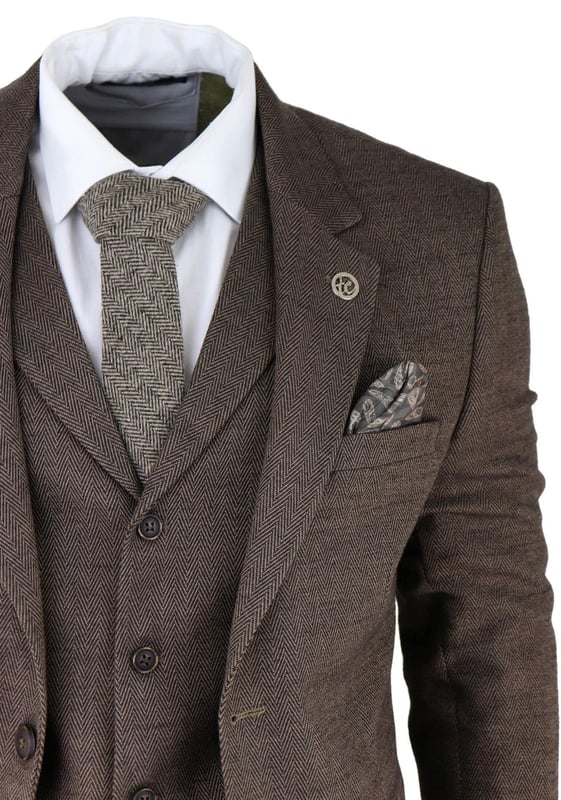 Mens Brown Piece Tweed Herringbone Suit Peaky Blinders Classic Tailored
