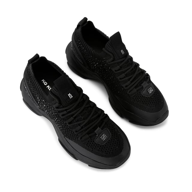 This KG Kurt Geiger Lively Gem sneaker is a black knitted sneaker which is embellished with black crystals. There is gunmetal branding across the upper and embossed branding on the heel.
